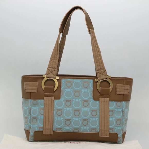 Salvatore Ferragamo Gancini Tote Bag Canvas Leather Light Blue Gold Auth gh706 - Picture 10 of 16